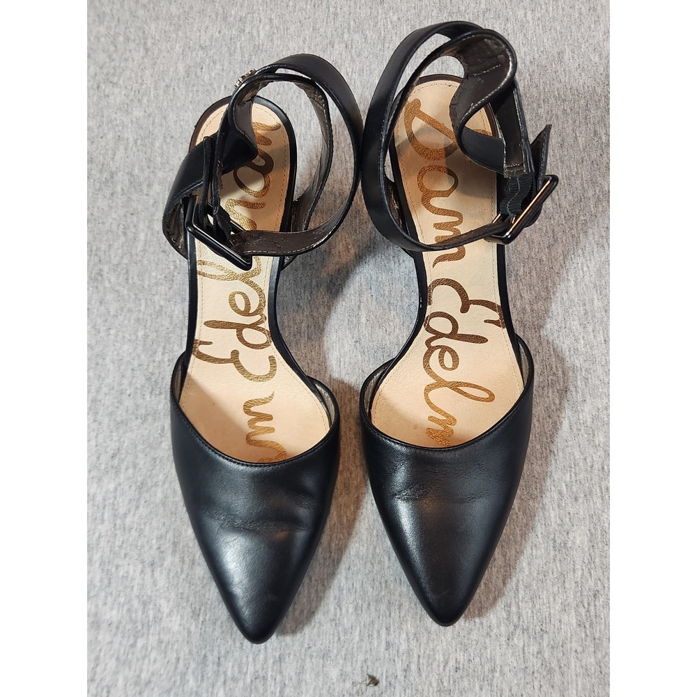 Sam Edelman Blackโ Leather Pointed Toe Ankle Strap Kitten Heels Pumps Size 8.5M